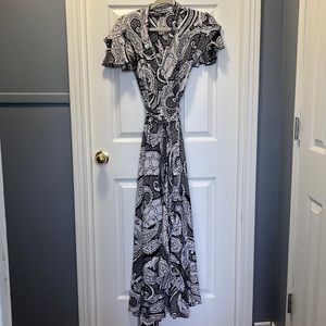 Minkas black and white paisley wrap dress